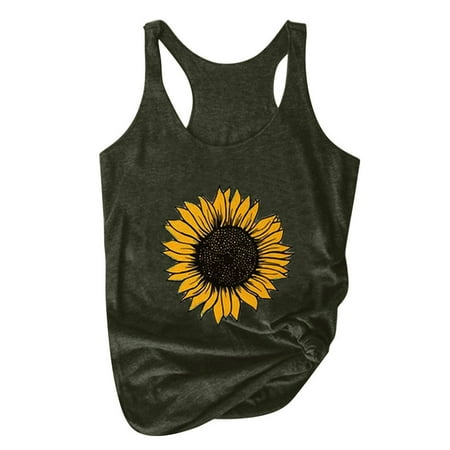 iOPQO Womens Tops Corset Tops For Women Women Plus Size Summer Sunflower Print Round Neck Sleeveless T-shirt Top Tank Tank Top For Women Army Green XXL