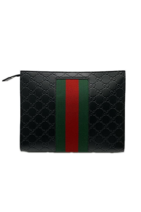 Pre-Owned GUCCI GG Supreme Canvas Shima Sherry Line Clutch Bag 475316 Black Green Red Leather...