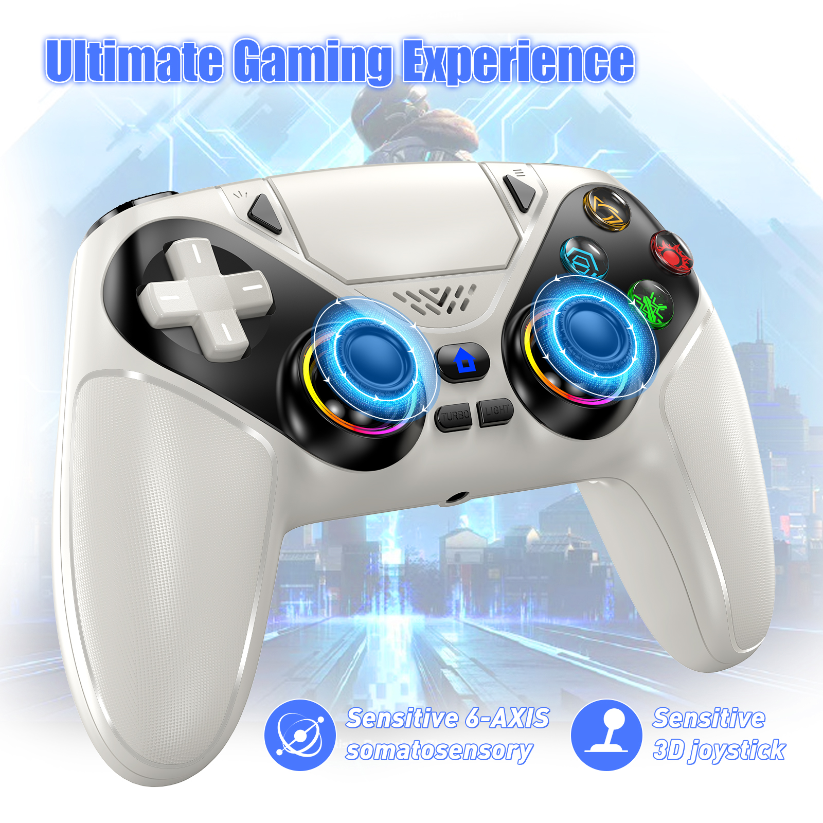 Control inalámbrico LED Turpow para P5, siete colores de luz, compatible con P5 Pro/Slim/PC, doble vibración, conector de audio de 3.5mm, función macro/turbo, control de movimiento de 6 ejes con altavoz (blanco) 5