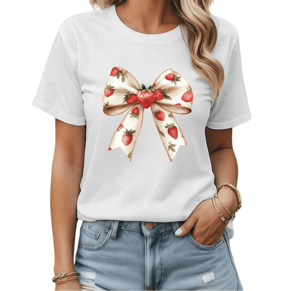 Watercolor Strawberry Coquette Bow Graphic Tees Womans T-shirt Black/White S-5XL Shirts Romantic Fruit Tops