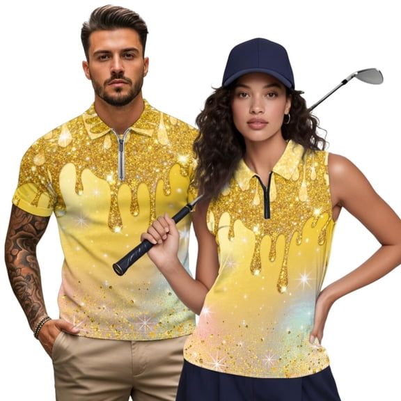 Garronmavis Yellow Glitter Matching Couple Tennis Shirts Quarter Zip Matching Golf Shirts for Couple Moisture Wicking Breathable Fabric Lightweight Suitable for Outdoor Sports