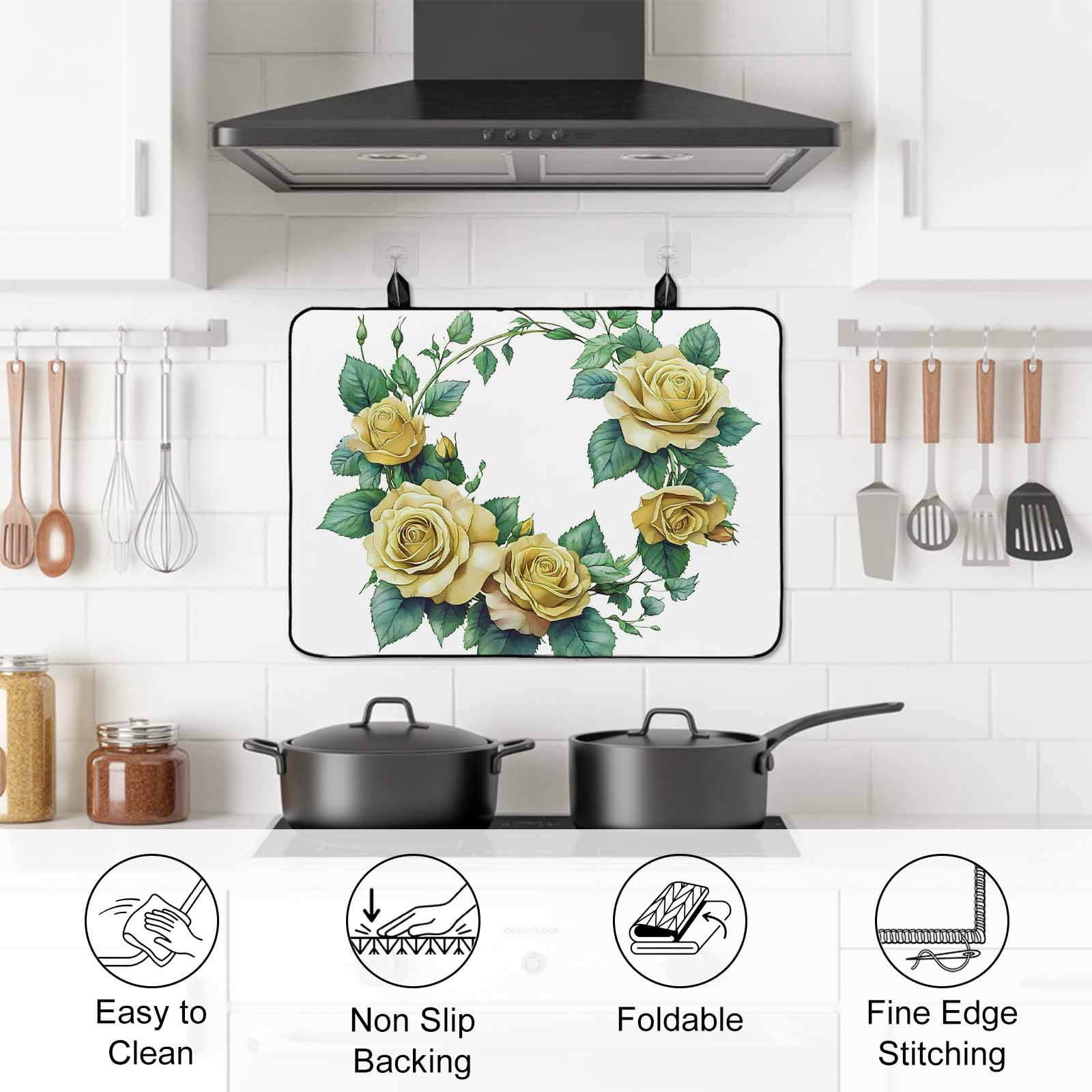 Yellow Rose Stove Top Cover for Electric Stove, Heat-proof & Non Slip Glass Top Stove Cover Protector, Flower Floral Spring Watercolor Green Leaf Kitchen Flat Cooktop Rubber Mat 24x21 Inches