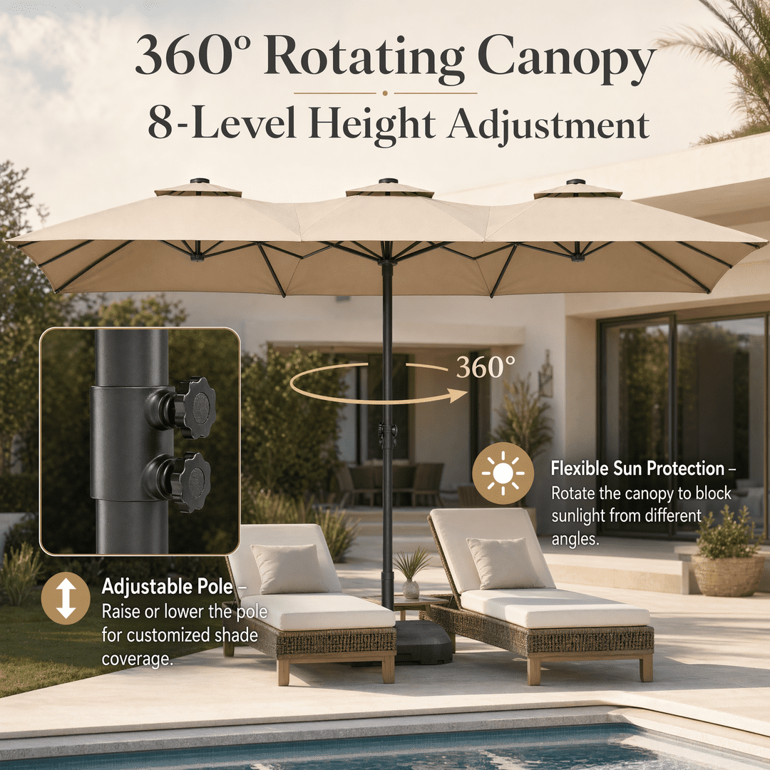 15FT Double-Sided Patio Umbrella with Base, Rectangular Outdoor Umbrella for Backyard, Deck & Poolside, Khaki