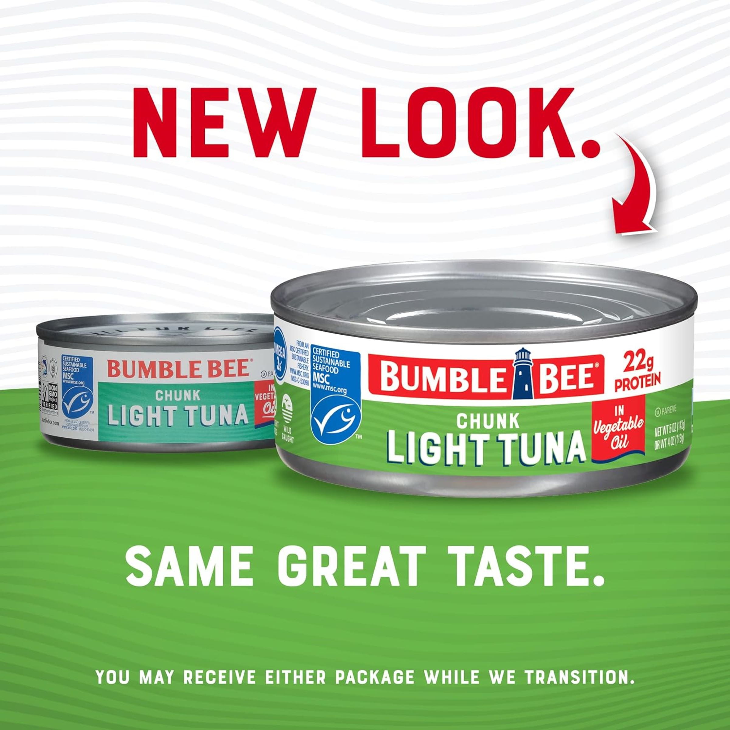 (24 pack) Bumble Bee Chunk Light Tuna in Vegetable Oil, Wild Caught Skipjack Tuna, Gluten Free, 22g Protein Per Serving, Non-GMO, Shelf Stable Can, 5 oz