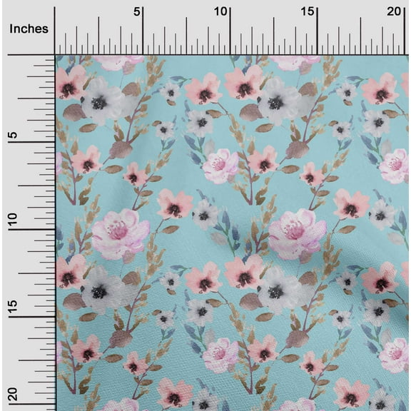 oneOone Cotton Poplin Twill Sky Blue Fabric Flower & Leaves Watercolor Sewing Material Print Fabric By The Yard 56 Inch Wide