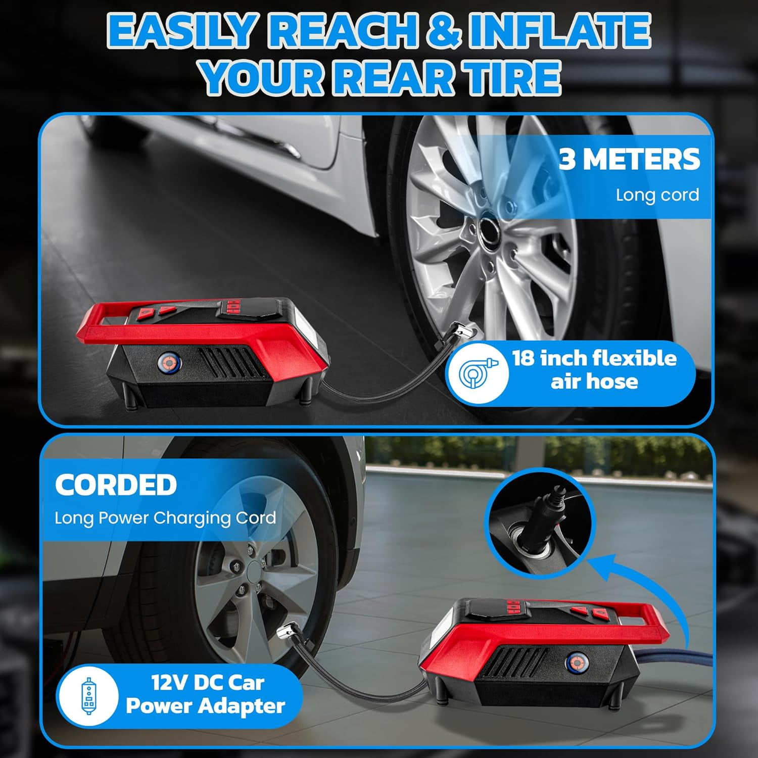 Bullseye Tire Inflator 150 PSI Portable Air Compressor Electric Pump For Car Auto LED Tire Pressure Gauge 12V DC