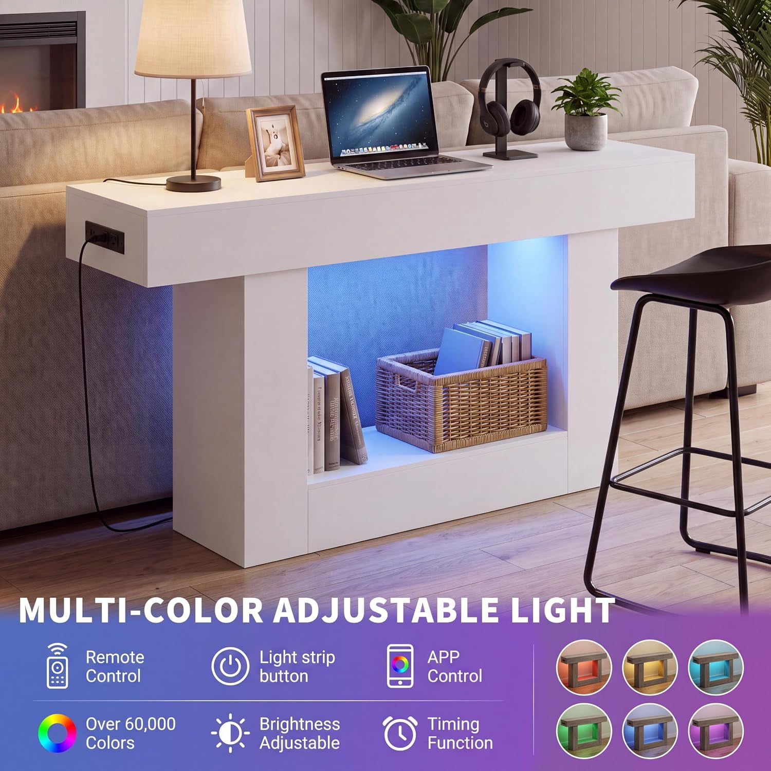 55” Entryway Table with Charging Station & LED Light, Narrow Sofa Table for Hallway Living Room, Modern Farmhouse Console Table with Storage Shelf, White