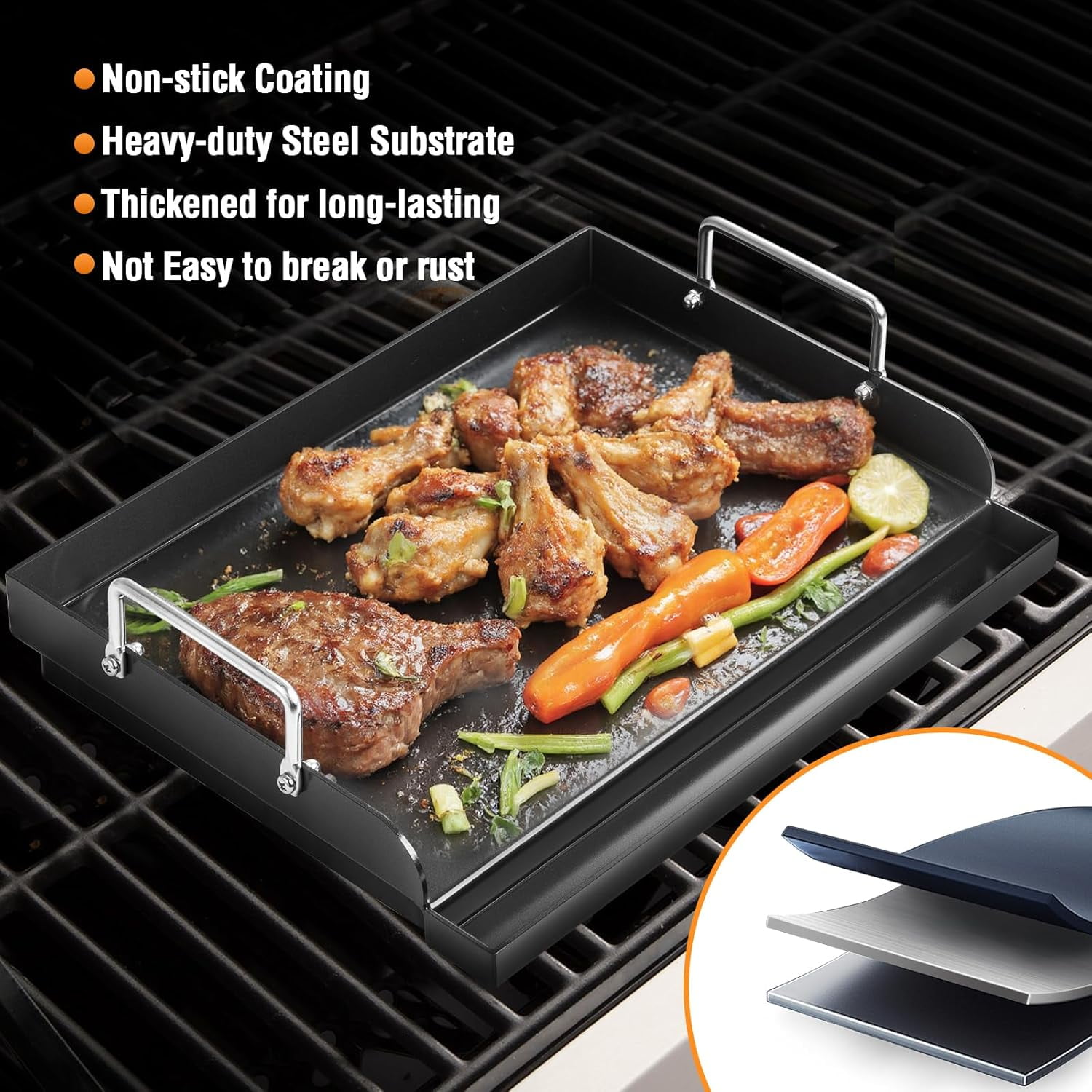 17" x 13" Nonstick Coating Cooking Griddle for Gas Grill, Universal Griddle Flat Top Plate Insert with Grease Groove and Removable Handles for Charcoal/Gas Grills, Camping, Tailgating, Parties