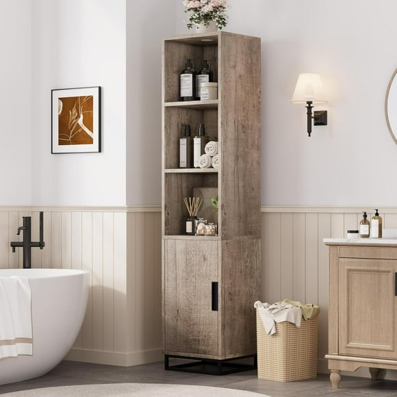 Tall Bathroom Cabinet, 70 in Narrow Storage Cabinet with Door and Adjustable Shelf, Open Storage Freestanding for Laundry Room, Kitchen, Living Room, Small Space (Dark)