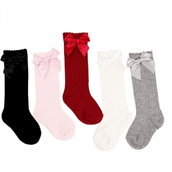 EIMELI 5Pairs Baby Kids Cotton Soft Breathable Knee-High Over Calf Socks Infant Newborn Striped Bow Stockings, Suitable for infants from 6 to 12 months