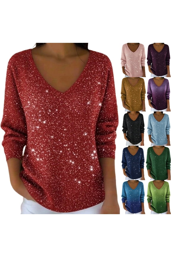Womens Shirt Elegant Sparkling Knit V-Neck Drop Shoulder Plus Size Casual Fashion Long Sleeve Pullover Tops Valentines Day Sweater Women