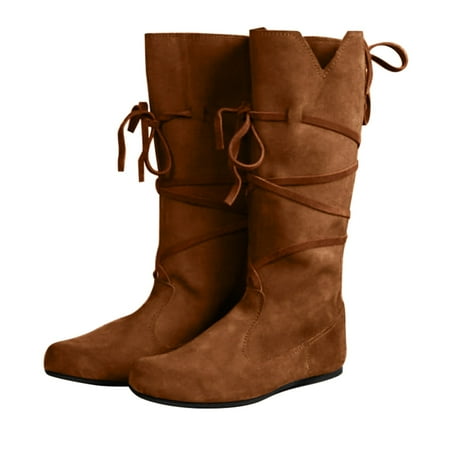 

Mepaouo Women s Vintage Mid Calf Boots Suede Round Toe Retro Walking Riding Knee High Boots(Brown 9.5)