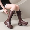 thumbnail image 5 of Gyexs Knee High Boots for Women Wide Calf Gothic Lace up Riding Boots Platform Heel Mid Calf Motorcycle Booties Brown & Size 8, 5 of 9