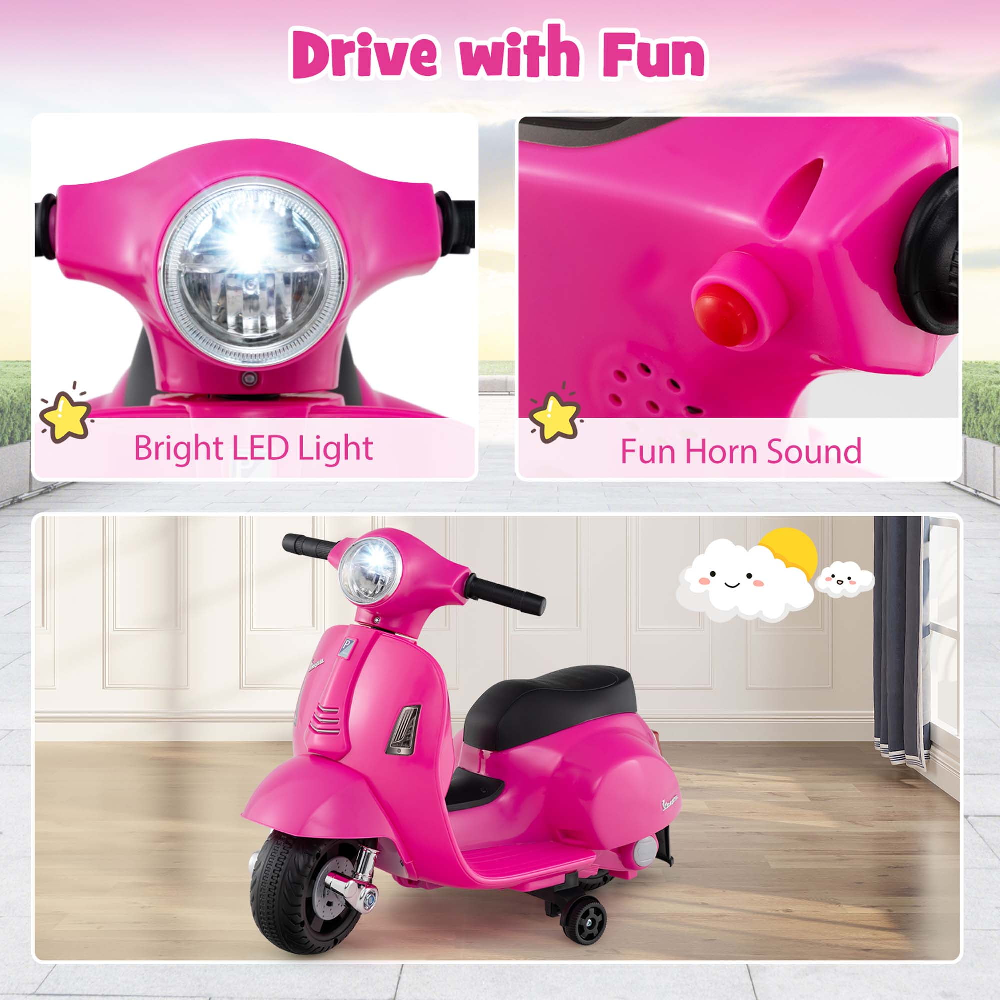 Costway Kids Ride on Motorcycle with Training Wheels Headlight Horn 6V Battery Pink
