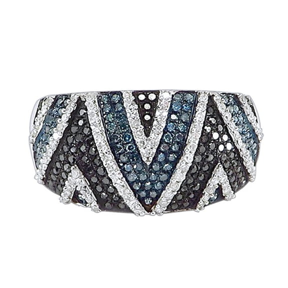 AFFY White & Enhanced Black, Blue Natural Diamond Dome Cocktail Ring in 10k White Gold (0.6 Cttw)