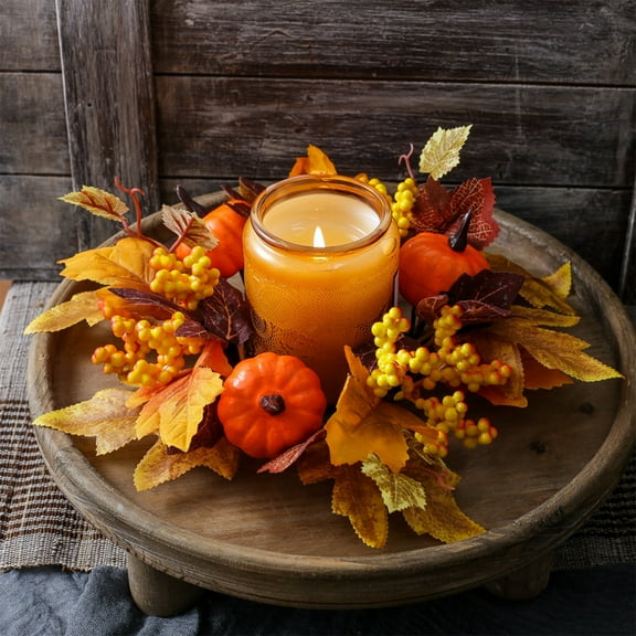 Antqov Thanksgiving Fall Candle Rings Small Wreath Artificial Maple Leaves Sunflower Pumpkin Candle Wreath Circles for Autumn Harvests Festival Household Halloween Table
