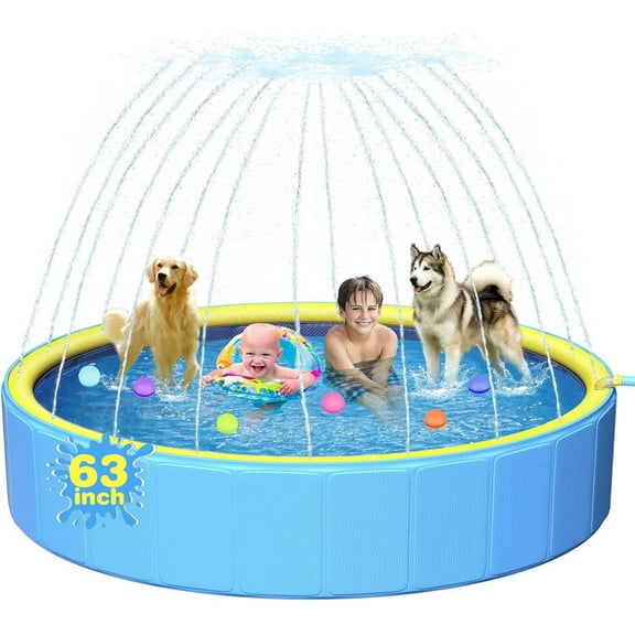 63in Sturdy Dog Pool with Sprinkler, 2-in-1 Non-Slip Kiddie/Kids Pool Hard Plastic, Foldable Dog Sprinkler Pools for Large Dogs, Portable Pet Swimming Pool for Summer Outdoor Backyard