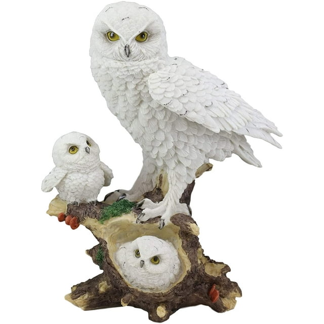 Ebros White Owl Perching On Tree Branch With Baby Owlets Statue 12"Tall