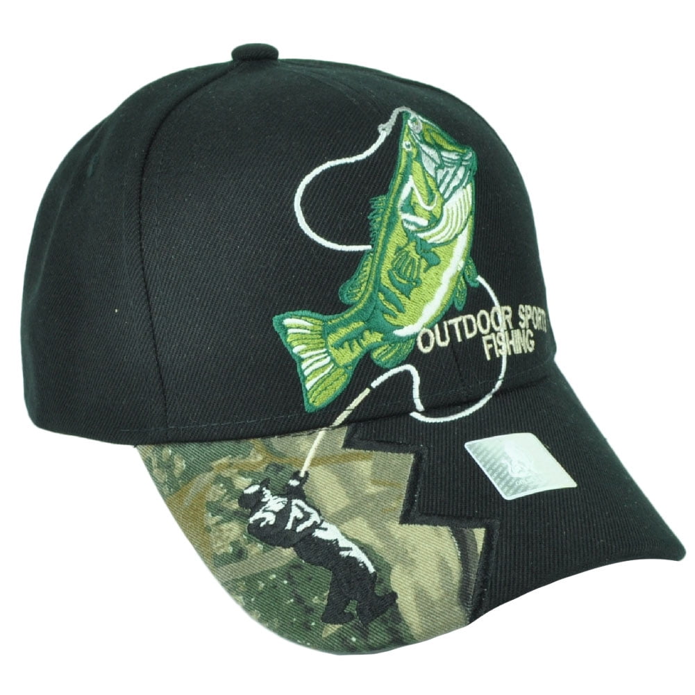 Outdoor Sports Fishing Fish Black Hat Cap Bass Adjustable Curved Bill