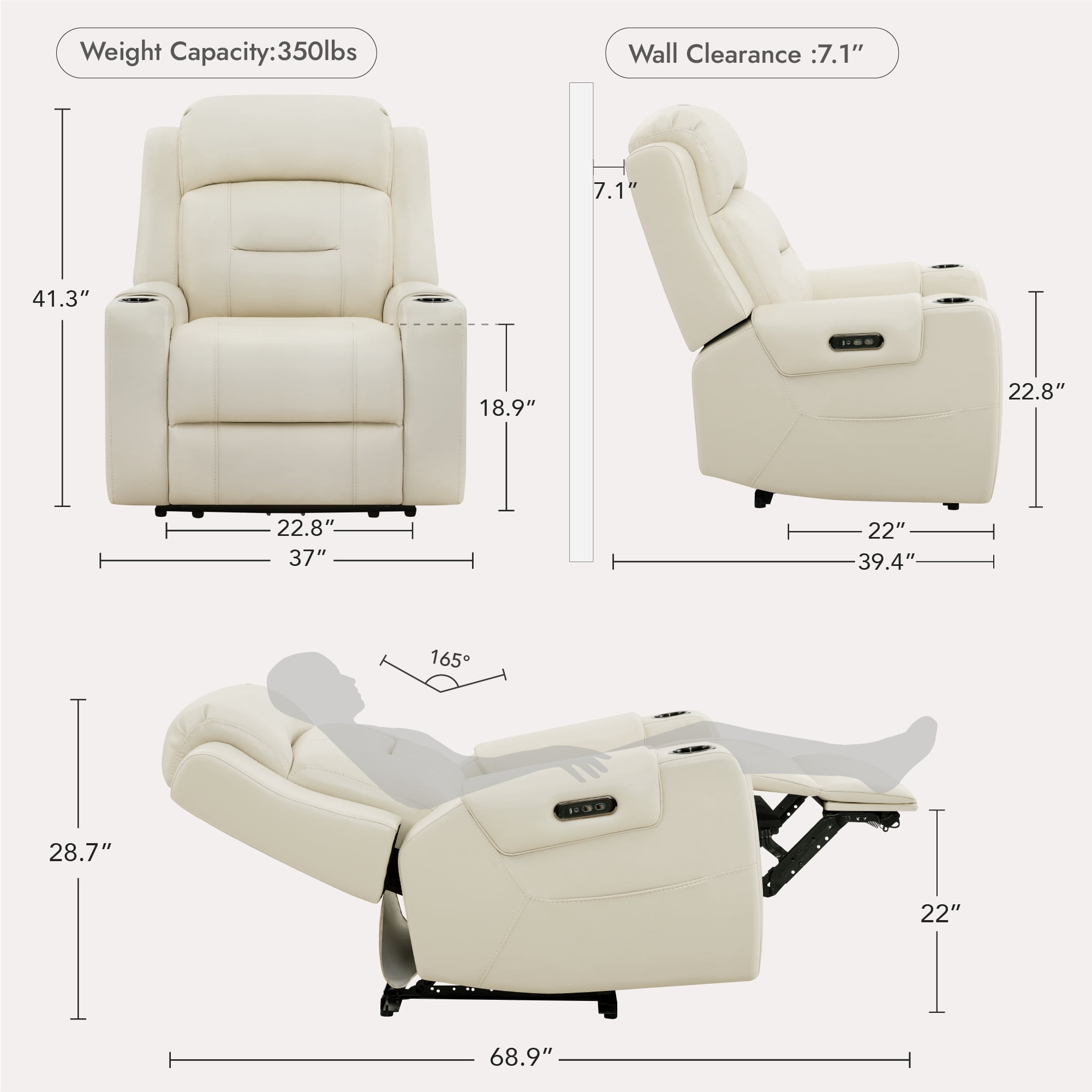 Spruce & Spring Lay-Flat Genuine Leather Power Recliner Chair with Headrest, Cream
