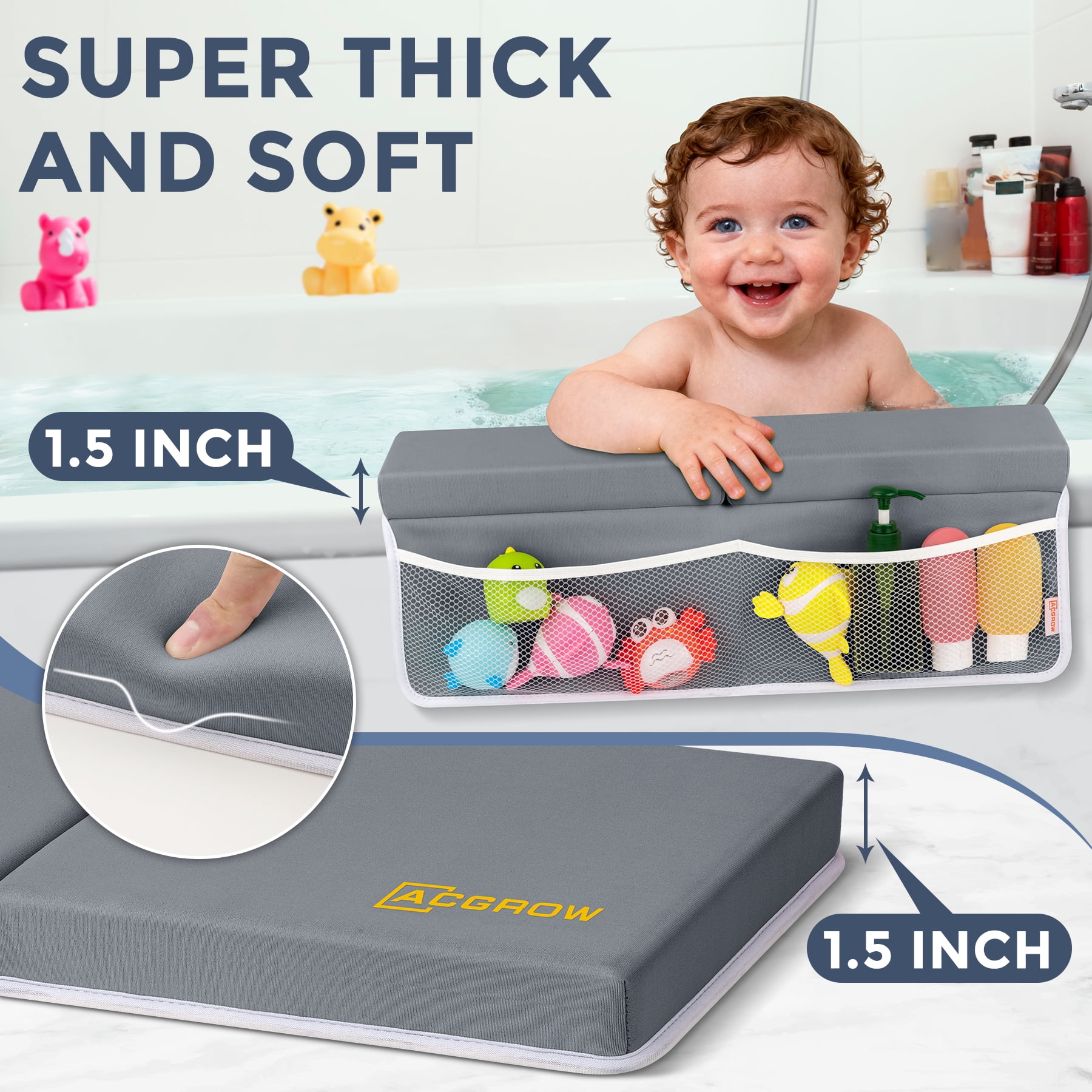 ACGROW Bath Kneeler and Elbow Rest Pad Set - 1.5" Thick Baby Bath Kneeler Pads with Toys Organizer, Anti-Slip Cozy Knee & Arm Support Bathtub Mat, Quick Dry Kneeling Pad for Baby Bath Time Dark Gray