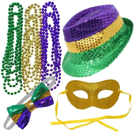 Mardi Gras Accessories, 12 PCs, includes Beads, Bow, Hat, and Mask