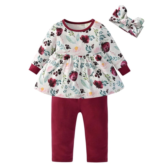 Conjunto De 3 Piezas De Ropa Para Bebé, Camisa Floral Con Volantes, Pantalones, Diadema (Rojo Vino, 6-9 Meses)