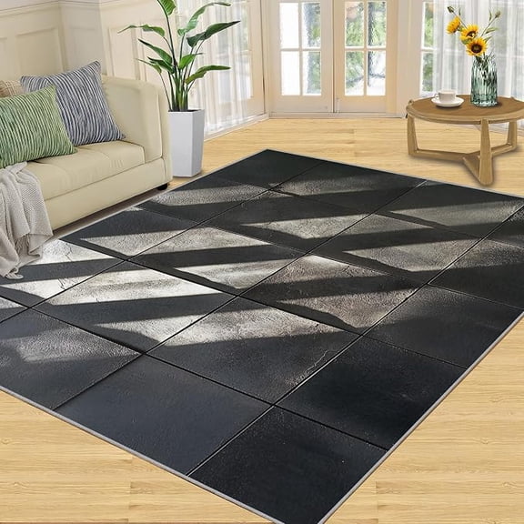 Geometric Rug, Black Squares Washable Rug, Modern Geometric Rugs for Living Room, Low Pile & Non Slip, Indoor Carpet, Area Rugs & Bedroom Decor 4 x 6ft