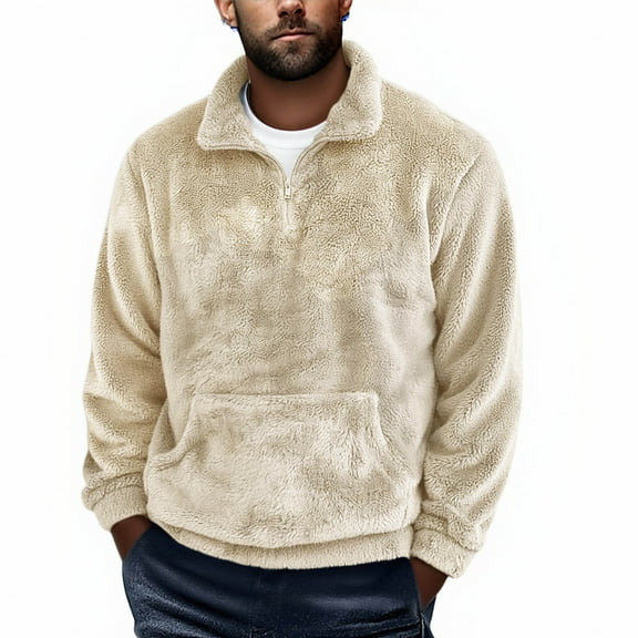 FAWUUDO Mens Fuzzy Sherpa Sweatshirt Quarter Zip Fleece Pullover Winter Fall Warm Outerwear With Pocket Khaki