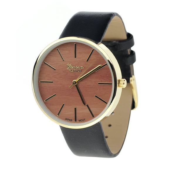 Unisex Geneva Stainless Steel Back Wood-Look Dial Black Faux Leather Strap Watch