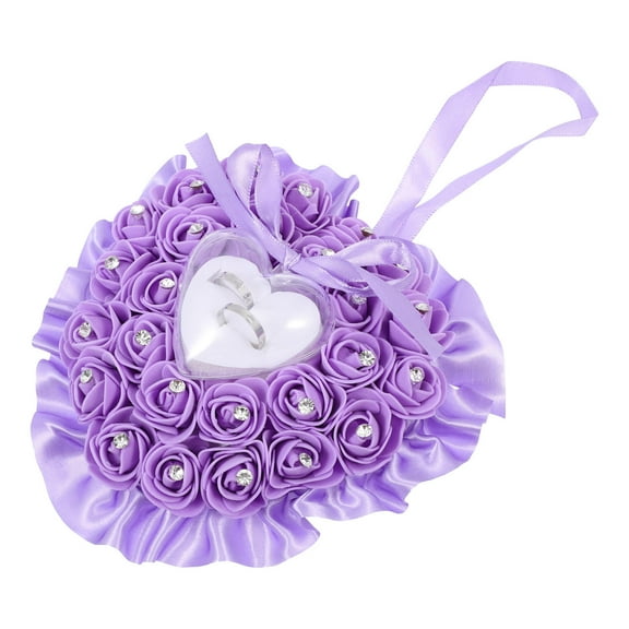PBPBOX Heart Ring Pillow for Wedding Purple Rose with Crystal Rhinestone Design
