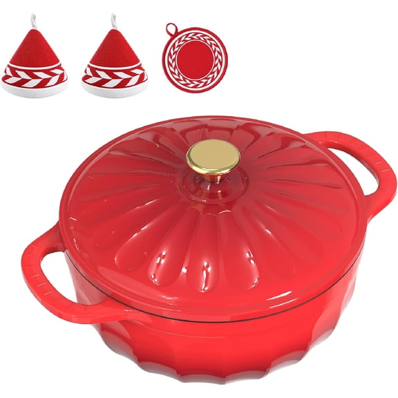 PEXMOR Enameled Cast Iron Dutch Oven with Lid, 5 QT Heavy Duty Cookware with Mitts & Trivet for Braising, Bread Baking, Red