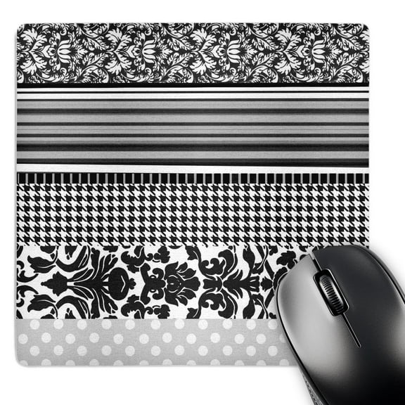 3dRose, Black and white stylish pattern with damask houndstooth stripes and polka dots - gray classy modern, MousePad