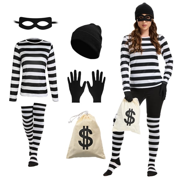 GYQMBT Women's Robber Costume,6PCS Thief Cosplay T Shirt,Burglar Costume Set,Black and White Striped T-Shirt Set for Halloween Party,S
