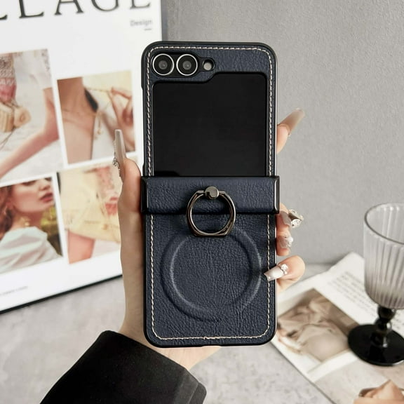 Magnetic For Samsung Galaxy Z Flip 7 Phone Case,With Rotatable Contractile Ring Kickstand,Hinge Protection,Compatible with Mag-Safe,PU Leather Anti-Scratch Shockproof Phone Case,Darkblue