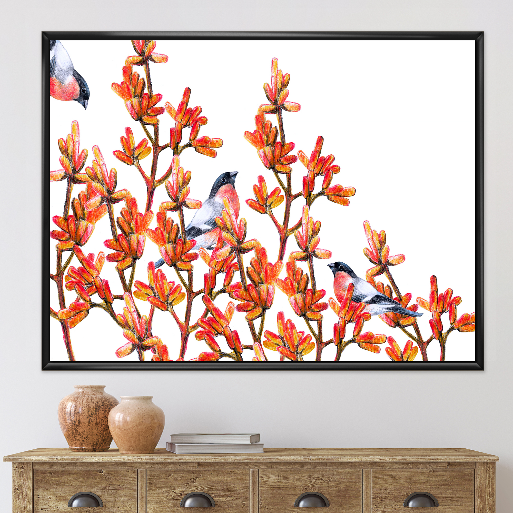 Designart 'Flock of Bullfinches Birds Sitting on Orange Branches' Traditional Framed Canvas Wall Art Print