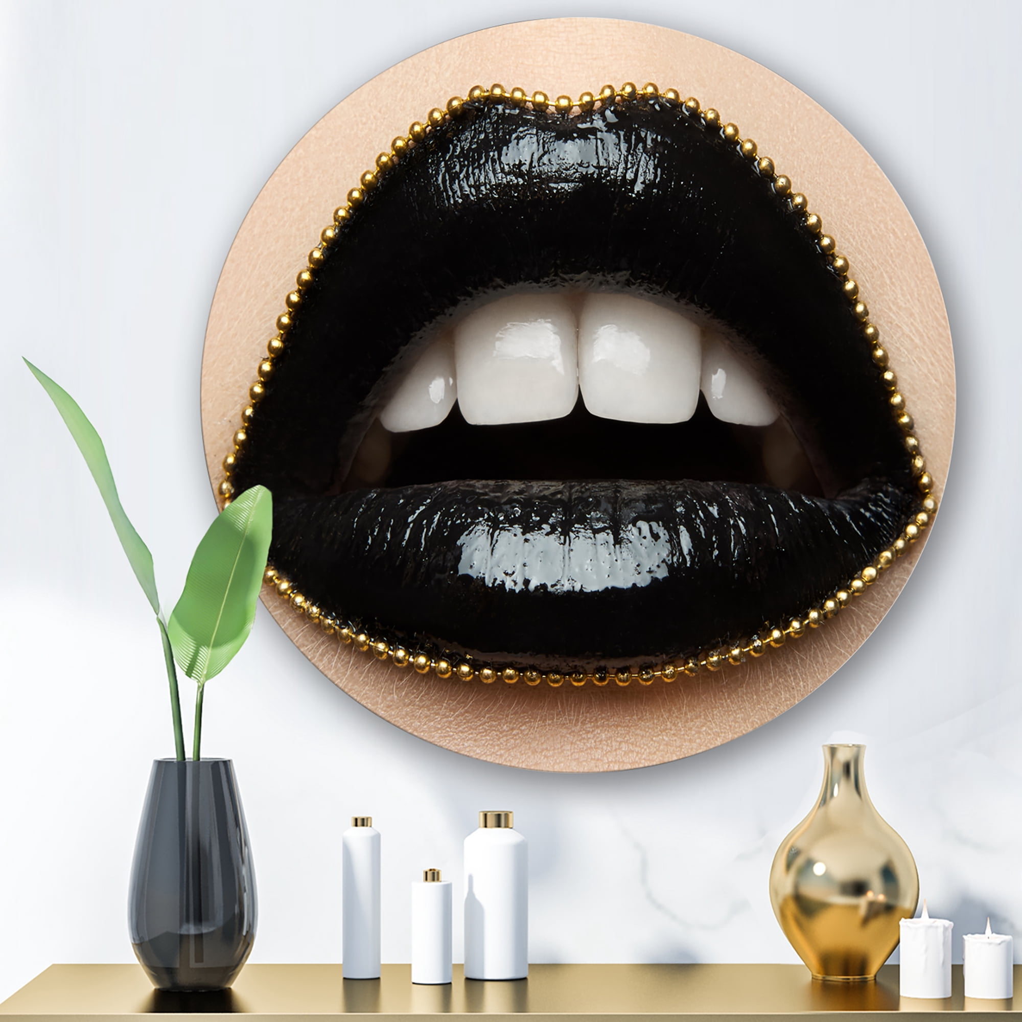 Designart 'Woman Lips With Black Lipstick & A Gold Chain' Modern Circle Metal Wall Art 23x23 - Disc of 23