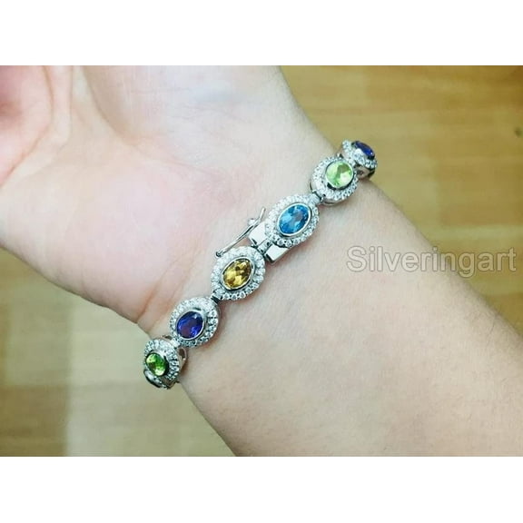 Multi Color Bracelet, 925 Sterling Silver Bracelet, Natural Multi Gems, CZ Bracelet, Womens Bracelet, Handmade Bracelet, Natural Amethyst Peridot Citrine Topaz, Chakra Bangle, Christmas, Thanksgiving