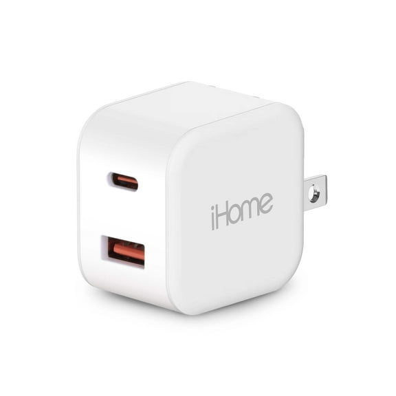 iHome 20W Dual Port Wall Charger, USB-C & USB-A, Fast Charging, Foldable Plug, Universal, Compact for Travel