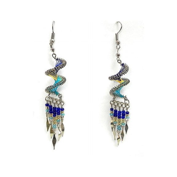 Spiral Swirl Silk Thread Long Beaded Dangle Earrings - Womens Fashion Handmade Jewelry Boho Accessories