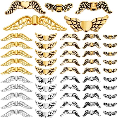 PH 200Pcs 5 Styles Tibetan Style Angel Wing Beads Metal Alloy Loose Beads Spacer Charms Small Angel Wings for Crafts Necklace Bracelet Earring Jewelry Making Multi-color