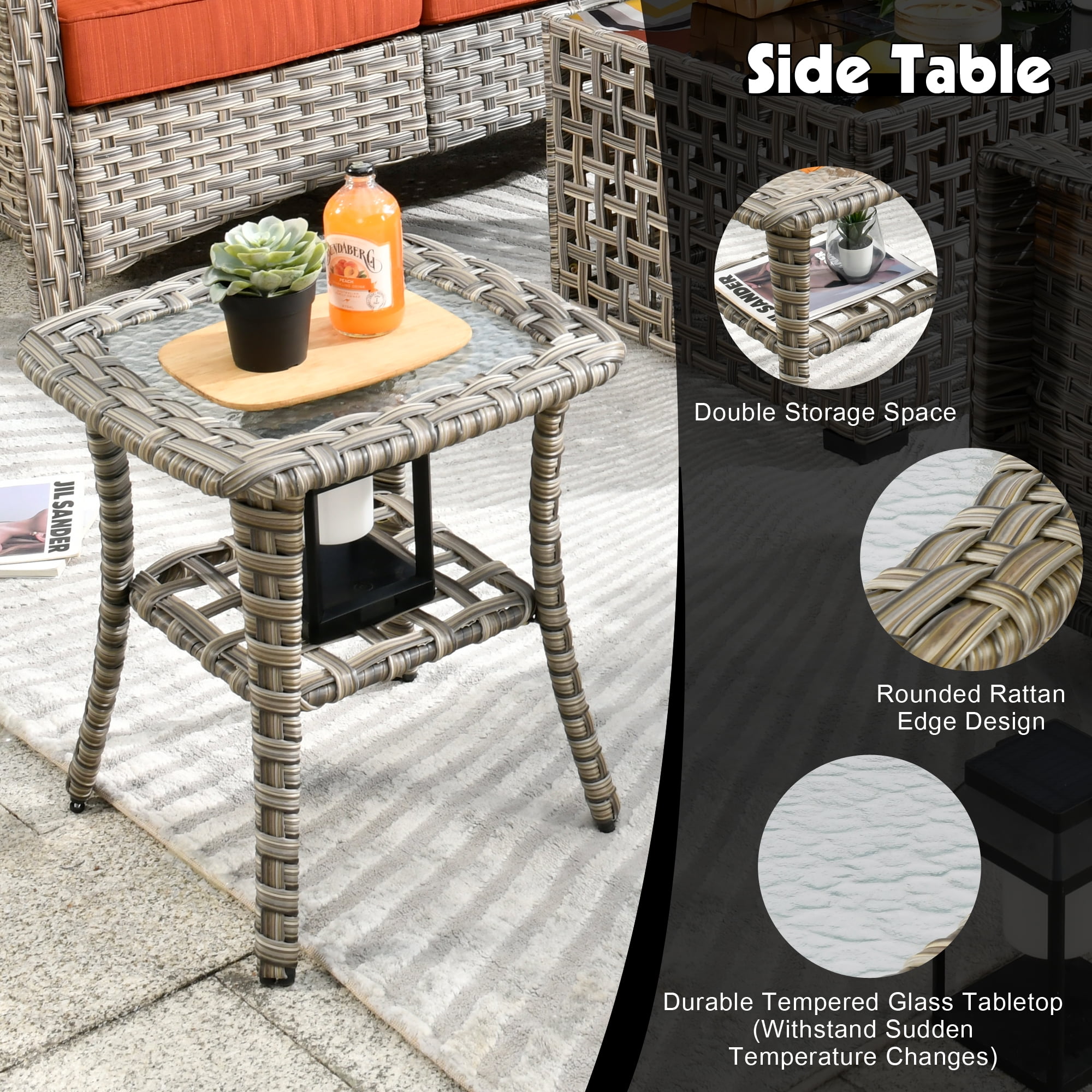 Ovios High-Back Outdoor Furniture 8 Pieces Gray Wicker Patio Conversation Set with Rocking Swivel Chairs for Backyard