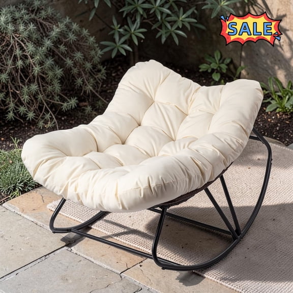 Tcbosik Outdoor Rocking Chair, Wicker Egg Chair, Indoor Comfy Oversized Papasan Chair with Padded Cushion, Rocker for Porch, Garden, Patio, Brown & Beige