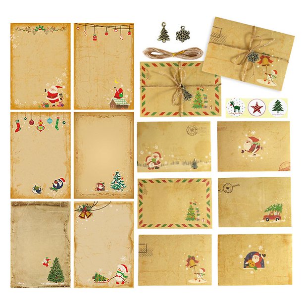 5 Juego de sobres para cartas navideñas vintage de 30 m con cuerda de cáñamo y 30 colgantes retro