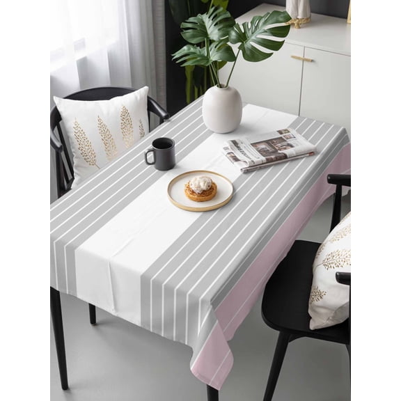 Pink Striped Tablecloth Rectangle Table Cloths 54x108, Waterproof Tablecloth Outdoor Table Cloth, Multicolor Grey White Horizontal Stripes Washable Table Cover for Kitchen Dinning Party