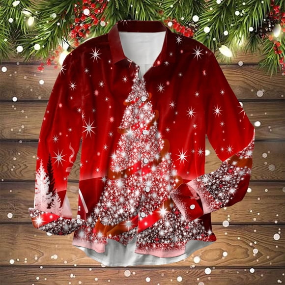 Male Autumn And Winter Christmas Theme Long Sleeve Shirt Lapel All Print Printed Shirt Mens Thick Long Sleeve Full T Shirts for Men Mens Tops Short Loose Fit Slipper with Memory Foam Layerin White XXL