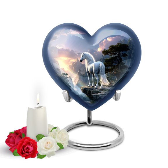 Yatskia White Horse at Mountain Small Funeral Keepsake Urns for Human Ashes Adult Mother and Father, Mini Memorial Urn for Adult Ash, (Heart Pack of 1, 3 Inch)