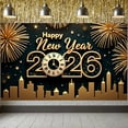thumbnail image 3 of Golden Style Happy New Year Banner Fireworks Design 2026 Banner Clock City Silhouette Festive Banner for New Year Party Family Gathering Corporate Celebration, 3 of 9