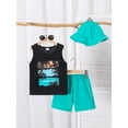 thumbnail image 2 of PureChapter Summer 3-Piece Outfit For Toddler Boys Tropical Print Tank Top with Teal Shorts and Bucket Hat 5 Years Black, 2 of 8