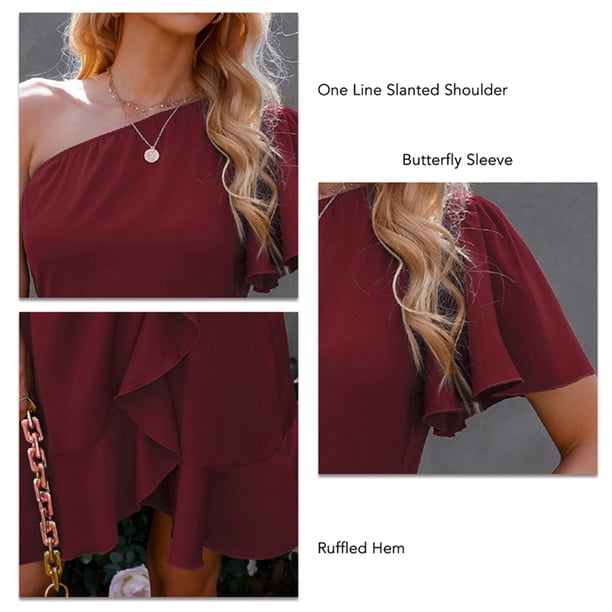 Vestido De Un Solo Hombro Vestido Formal Vestido De Citas Vestido Casual Vestido De Verano Vestido De Un Solo Hombro Manga De Mariposa Hombro Inclinado Dobladillo Con Volantes ANGGREK Otros